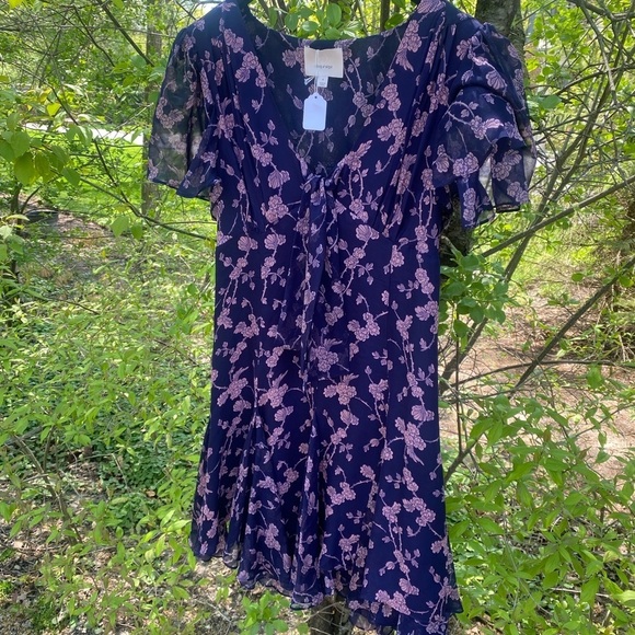 Cinq A SEPT Navy Silk Floral Mini Dress Swingy Handkerchief Flare Hem - Picture 5 of 7